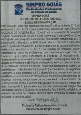 EDITAL DE CONVOCAÇÃO PARA DELEGADO SINDICAL DA FACULDADE UNIVERSO