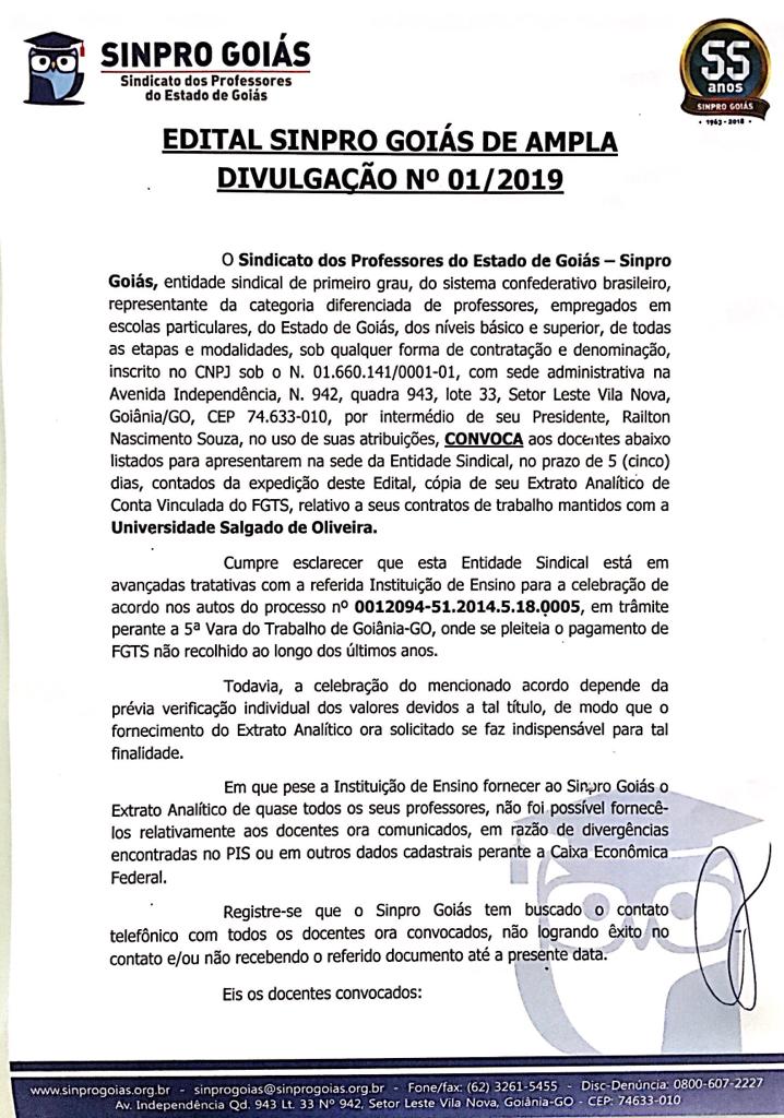 EDITAL SINPRO – CONVOCAÇÃO AOS PROFESSORES DA UNIVERSIDADE SALGADO DE OLIVEIRA