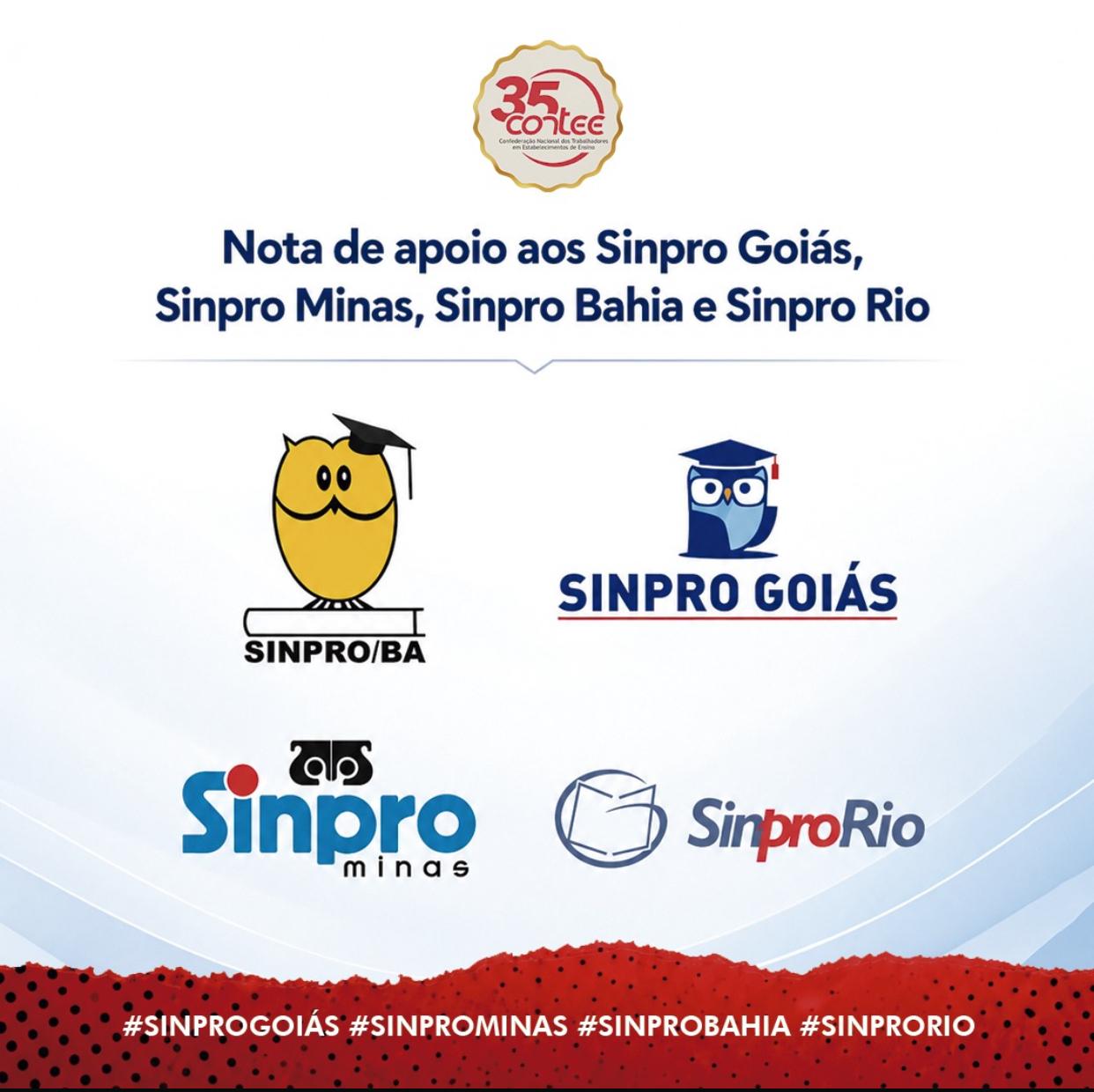 Nota de apoio aos Sinpro Goiás, Sinpro Minas, Sinpro Bahia e Sinpro Rio