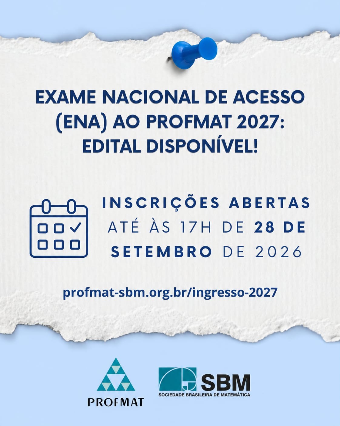 Inscrições abertas para o Mestrado PROFMAT 2027